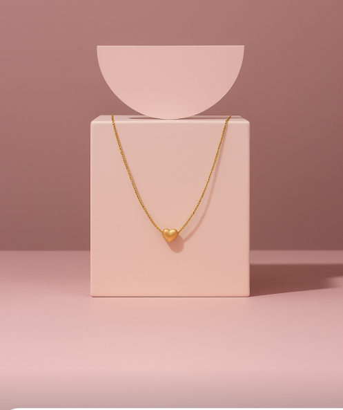 Gold necklace with a heart pendant on a pink stand against a pink background