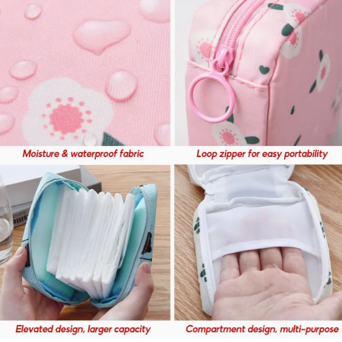 Pink floral pouch with zipper, moisture/waterproof fabric, loop zipper, elevated design, compartment design.