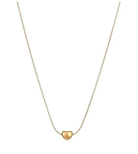 Gold heart-shaped pendant on a chain against a white background